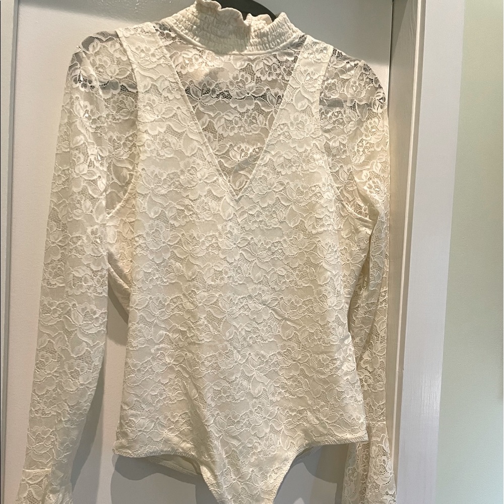 INTERMIX White Lace High Collar Bodysuit